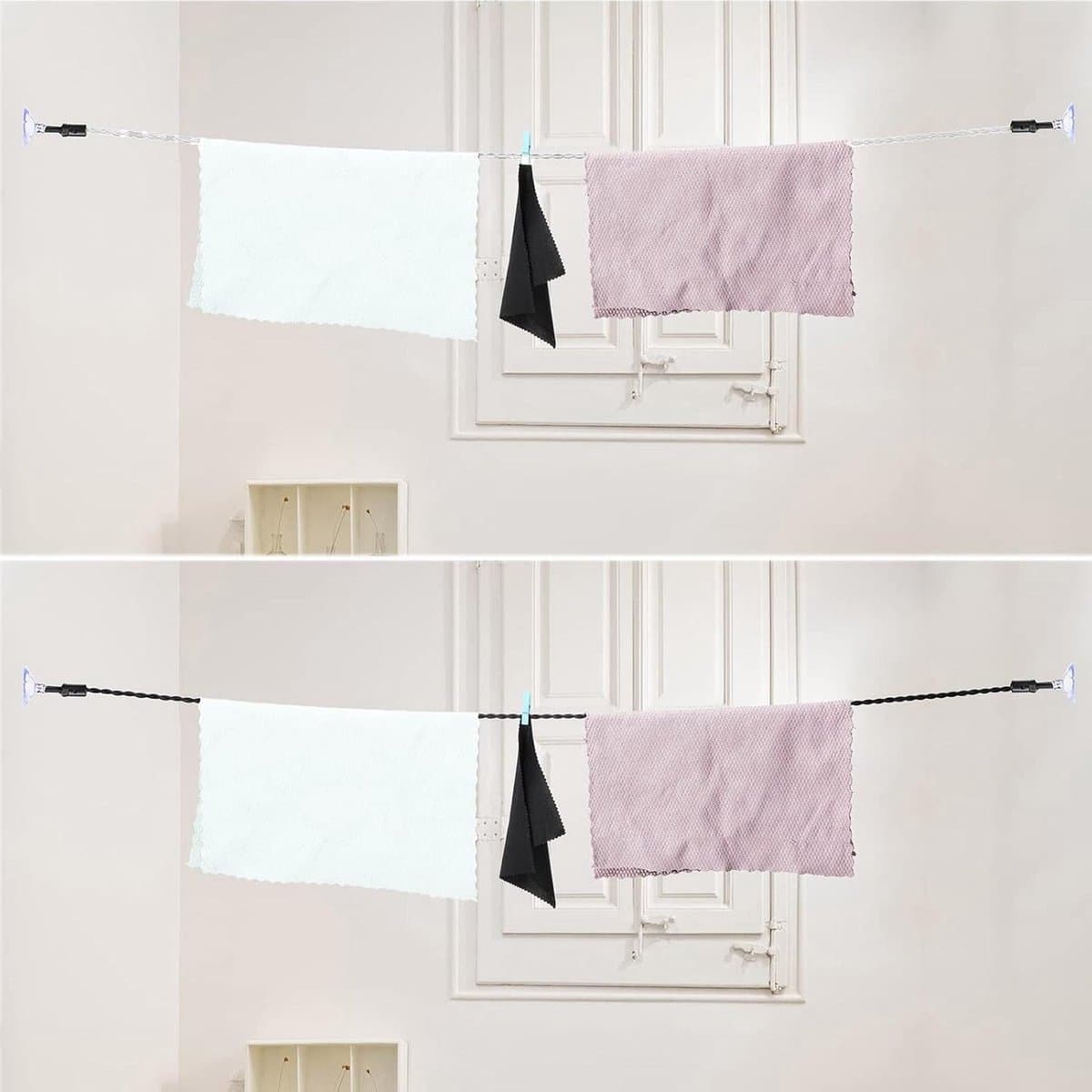 Intrekbare Waslijn - Reiswaslijn Elastisch - Kleding Drogen - Met Haken Zuignappen - 2.8 Meter - Zwart Wit — afbeelding 1