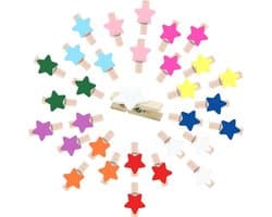 SnelShoppen - 100 Mini Houten Knijpers Stervormig, Kleurrijke Fotoknijpers voor Creatieve Projecten, Adventskalender & Decoratie (Multicolor)