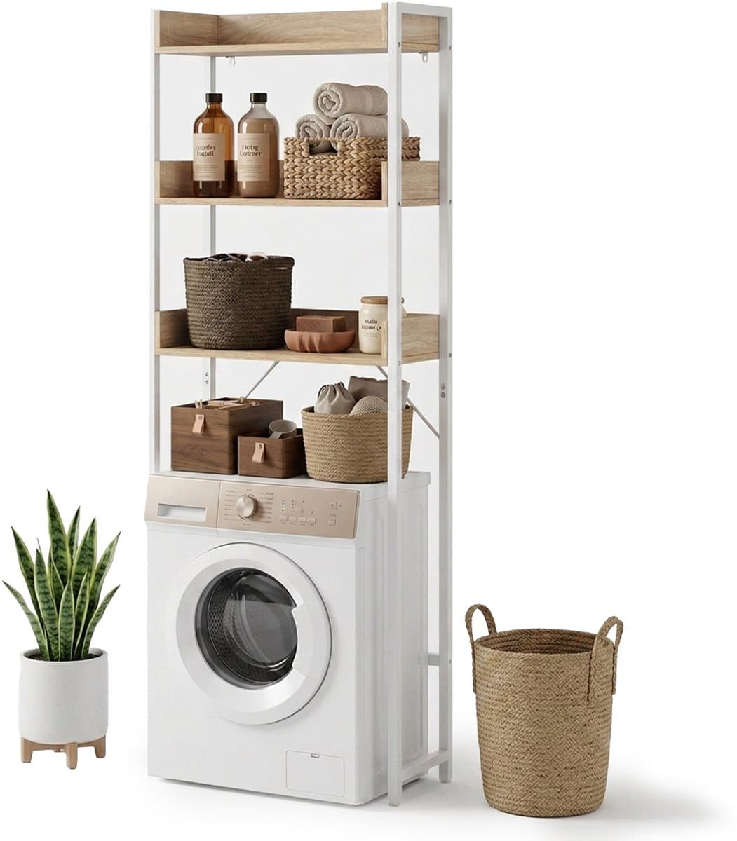 Wasmachine rek - 166,5x63x25cm - wit-houtlook — afbeelding 1