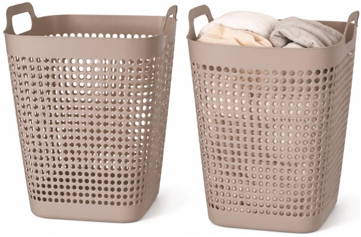 Storage Solutions Wasmand - 2x - beige - 48 liter - 40 x 51 cm - kunststof - wasbox - mand voor wasgoed - badkamer — afbeelding 1