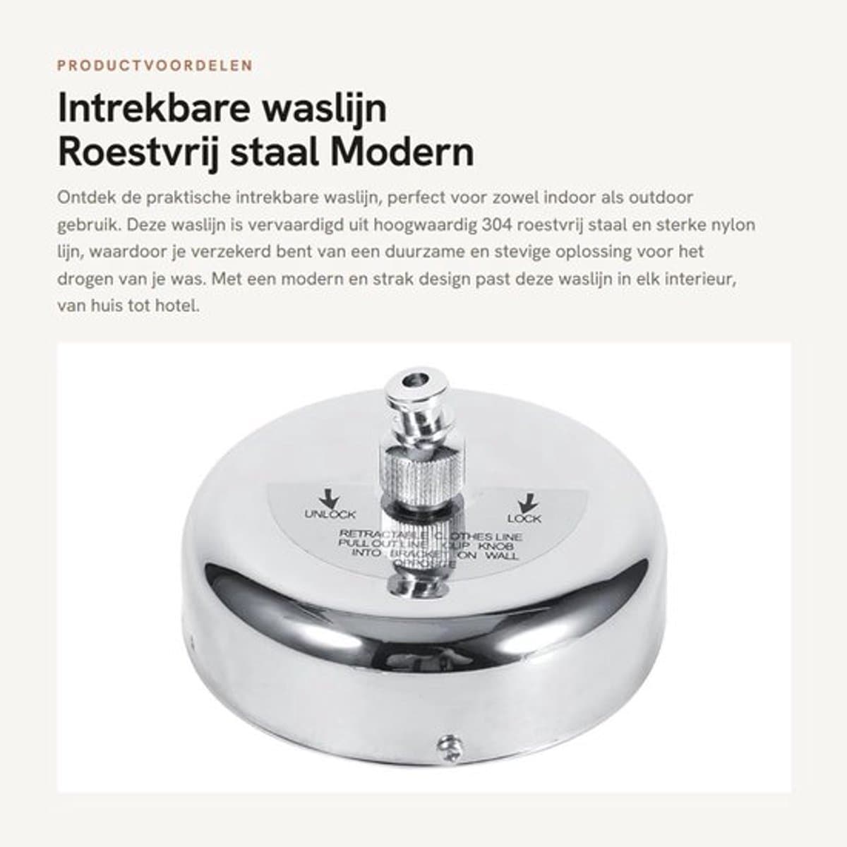 Intrekbare Waslijn - Roestvrij Staal - Gevlochten Nylon Lijn - Draagvermogen 10 kg - Voor Binnen/Buiten - Eenvoudig te Installeren — afbeelding 1