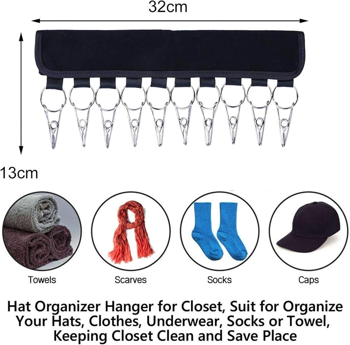 2 stuks - Organizer voor baseballpetten - Hoedenorganizer - Geschikt voor hangers en kledingkastdisplays - 10 hoedenclips - Kan baseballpetten, wintermutsen, handschoenen, kleding en sokken ophangen - Zwart — afbeelding 1