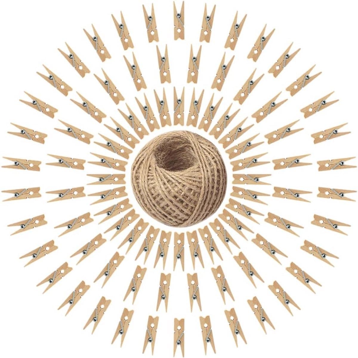 Houten Wasknijpers Set van 100 met Jute Touw voor DIY Creaties en Decoratie — afbeelding 1
