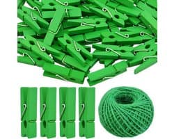 50x Mini Houten Kleerhangers met 50 Meter Jute Touw - Decoratieve Fotohangers voor Galerijwand