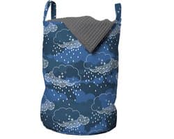 ABAKUHAUS blauw-witte waszak, regenwolken-grafica, wasmand met handvatten en trekkoord voor wasserettes, blauw donkerblauw