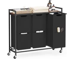 VASAGLE Wassorteerder, 43,5 Gal. (165 L) Wasmand met 3 compartimenten, rolkar met wielen, plank, verwijderbare zakken, zakken, inktzwart en rustiek bruin BLH031B01