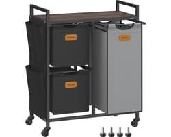 FurnStar Wasmand 3 Vakken – Wasverzamelaar met Rollen en Plank – 100L – Wassorteerder met 6 Etiketten – Kleine Zijzakken – 68,6 x 33 x 80,5 cm – Kastanjebruin, Inktzwart, Duifgrijs