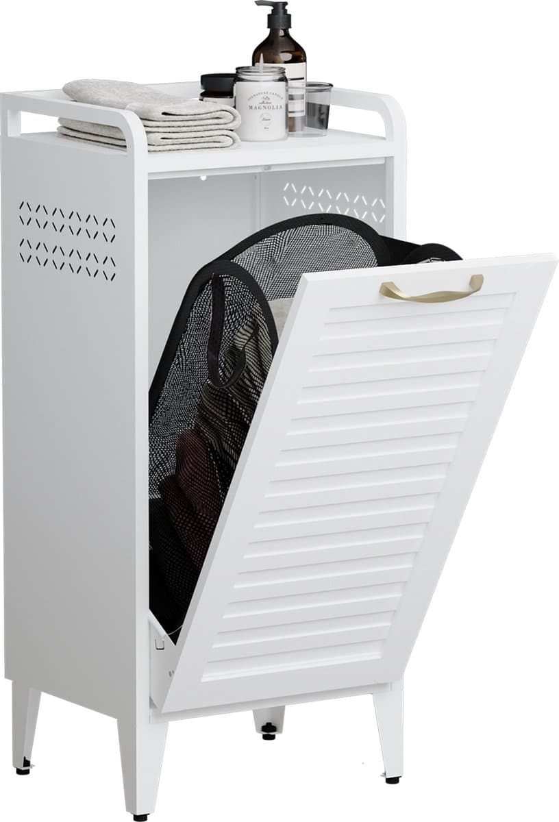 VEEHAUS® Tessi Wasmand - Luxe Wasverzamelmand – Wasbox – Ergonomisch Uitneembare Zak – Metalen Frame van Hoogwaardig Staal - 42 x 35 x 93 cm – Wit — afbeelding 1