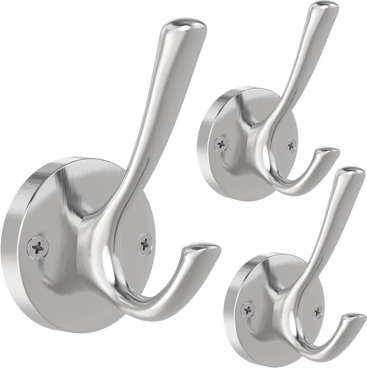 Badjashaak van geborsteld nikkel, handdoekhaak, 3-pack kledinghaken, zware haken voor de bijkeuken, dubbele badjashaken, wandmontage, hoedenhaken voor hal, badkamer, keukenkast — afbeelding 1