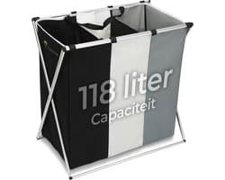 Wasmand 3 Vakken – Wassorteerder 118 L – Opvouwbaar – Aluminium Frame – Zwart/Grijs/Wit