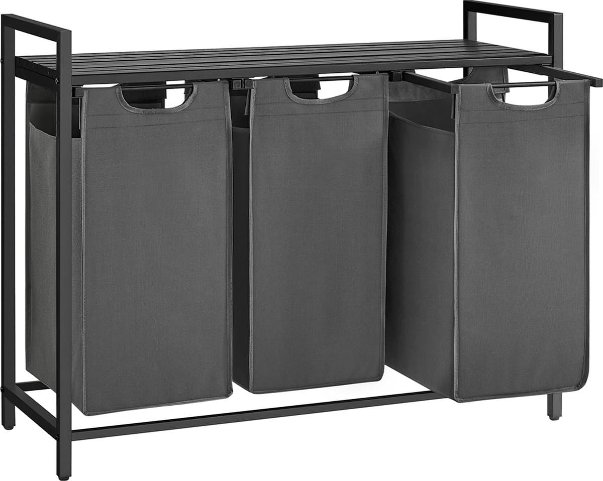 wasmand 3 vakken - wassorteerder met plank - 3 x 38 L - waszak van Oxford-stof - uitschuifbaar - afneembaar - metalen frame - zwartgrijs - 92,5 x 33 x 72 cm — afbeelding 1
