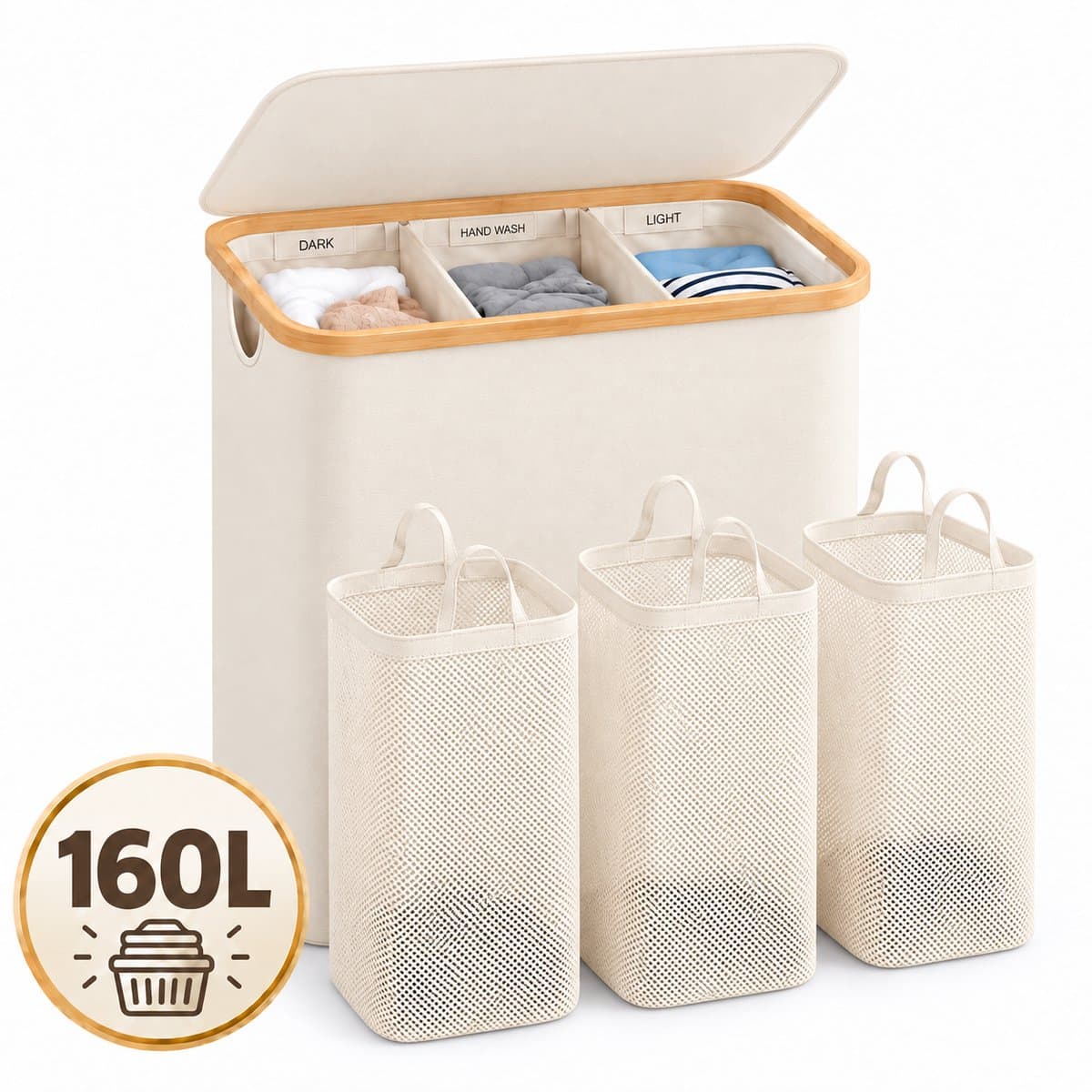 YYchan Wasmand 3 Vakken-Wasmand Met Deksel-Wassorteerder Bamboe-Oxford-Stof-Laundry Basket-Classificatielabel-Beige-160L — afbeelding 1