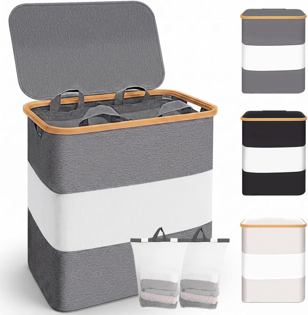 2 vakken, 102 l, XL, met deksel, opvouwbare wasmand met zijvak, uitneembare waszak, bamboerand, waterdicht, vuile wasmand voor slaapkamer, badkamer, grijs — afbeelding 1