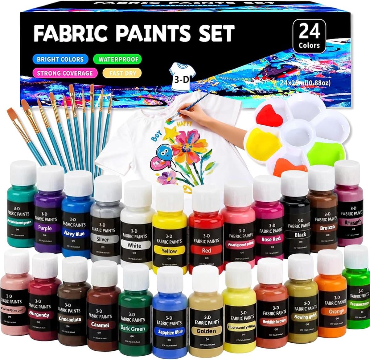 24 x 25 ml, textielverf, wasmachinebestendig, 3D-stofkleuren, wasbestendig, stofverf met 10 penselen voor kleding, textielverf voor T-shirt, schoenen, jeans, tassen, kleding, glas, hout — afbeelding 1