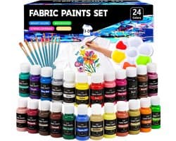 24 x 25 ml, textielverf, wasmachinebestendig, 3D-stofkleuren, wasbestendig, stofverf met 10 penselen voor kleding, textielverf voor T-shirt, schoenen, jeans, tassen, kleding, glas, hout