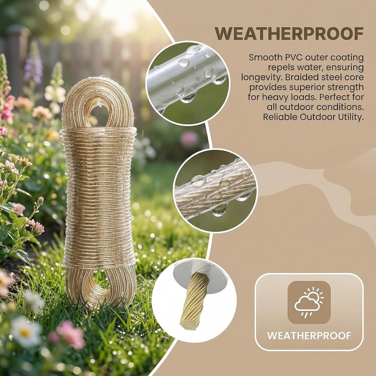 30 m waslijn met stalen kern, 3 mm extra sterk, pvc-gecoate, scheurbestendige waslijn voor buiten, tuin, balkon en camping — afbeelding 1