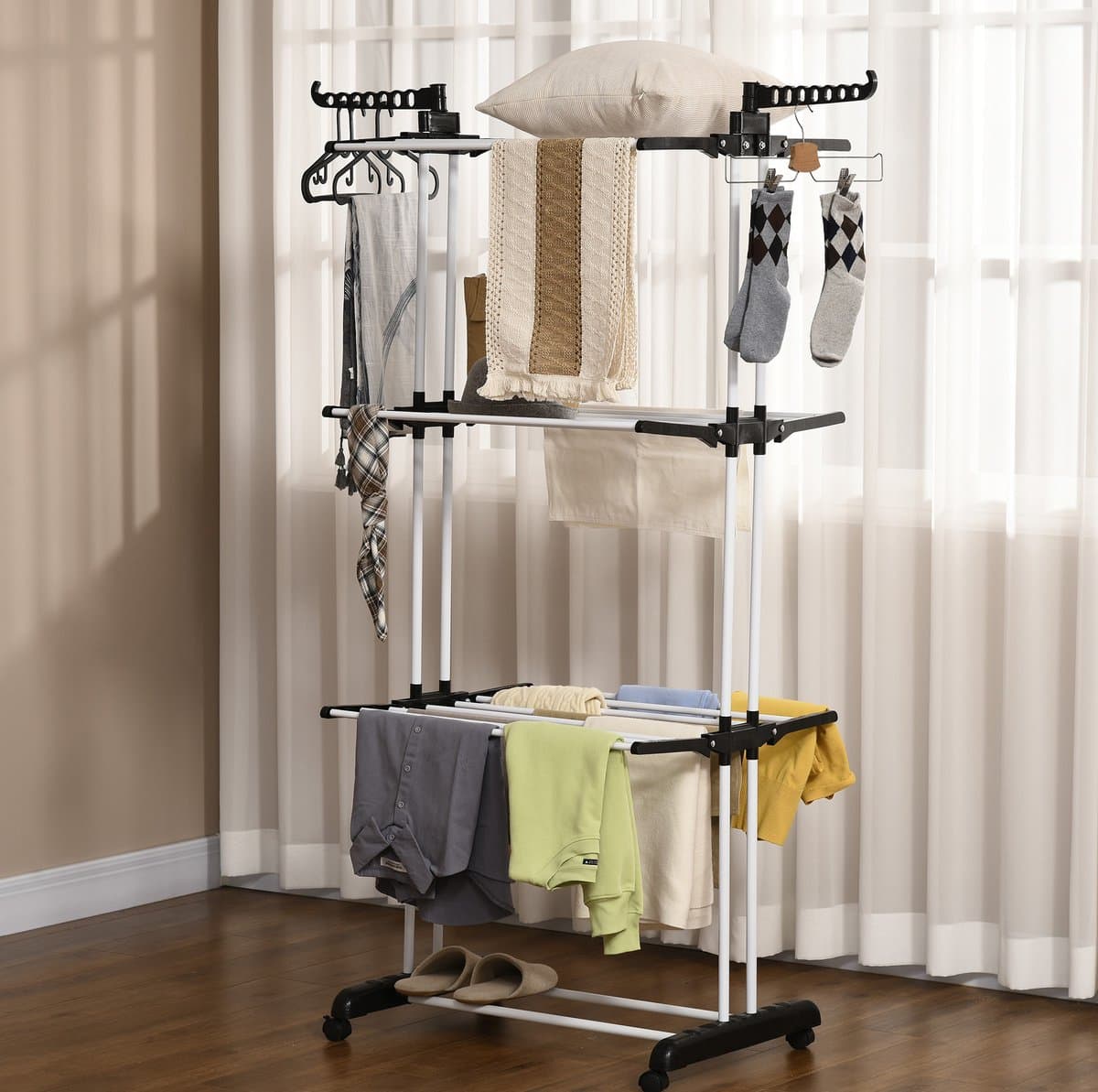 MODFU - Droogtoren Met Wielen - 4 Niveaus - Inklapbaar - Zwart - 73 X 64 X 177 Cm — afbeelding 1