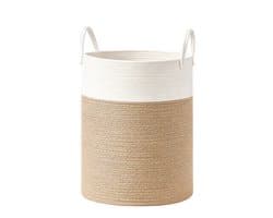 Opbergmand 80L, Wasmand 40x40x60 cm Wit Grijsbruin, Katoenen Katoenkoord Mand met Handgrepen, Grote Wasmand voor Kinderen en Gezin, Wasmandje Speelgoedmand Dekkenmand Kledingmand voor Woonkamer Slaapkamer Kinderkamer