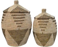 Wasmand met deksel – zeegras – set van 2 – 30 en 60 l – naturel zwart wit