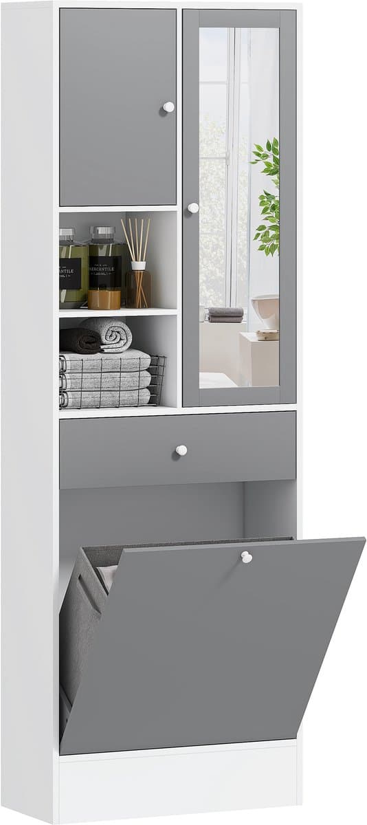 Badkamerkast met wasmand en spiegel - verstelbare plank - 62 x 28 - 3 x 181 cm - grijs en wit — afbeelding 1