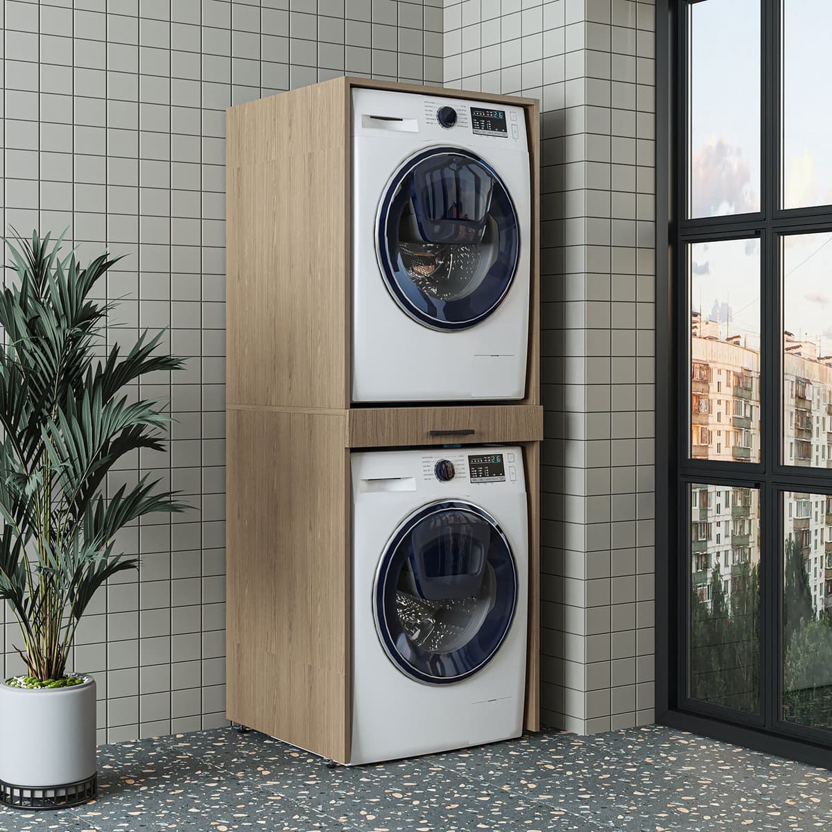 Roomart DUO-I Wasmachine Ombouwkast 67x185 cm - voor 2 Apparaten met Uittrekblad - Licht eiken — afbeelding 1