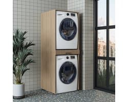 Roomart DUO-I Wasmachine Ombouwkast 67x185 cm - voor 2 Apparaten met Uittrekblad - Licht eiken