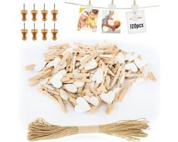 Wasknijpers, 120 Stuks, Kleine Hartjes, Mini-Wasknijpers, Bruiloft, Kleine Houten Knijpers Voor Polaroid Foto'S, Met 10 M Jute Koord, Doe-Het-Zelf Voor Fotowand, Display, Feest (Wit)