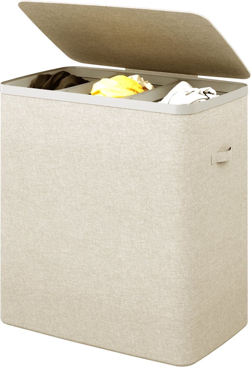 MAZAZU Wasmand 3 Vakken 120L – Deksel & Wassorteerder met Uitneembare Zakken - Beige — afbeelding 1