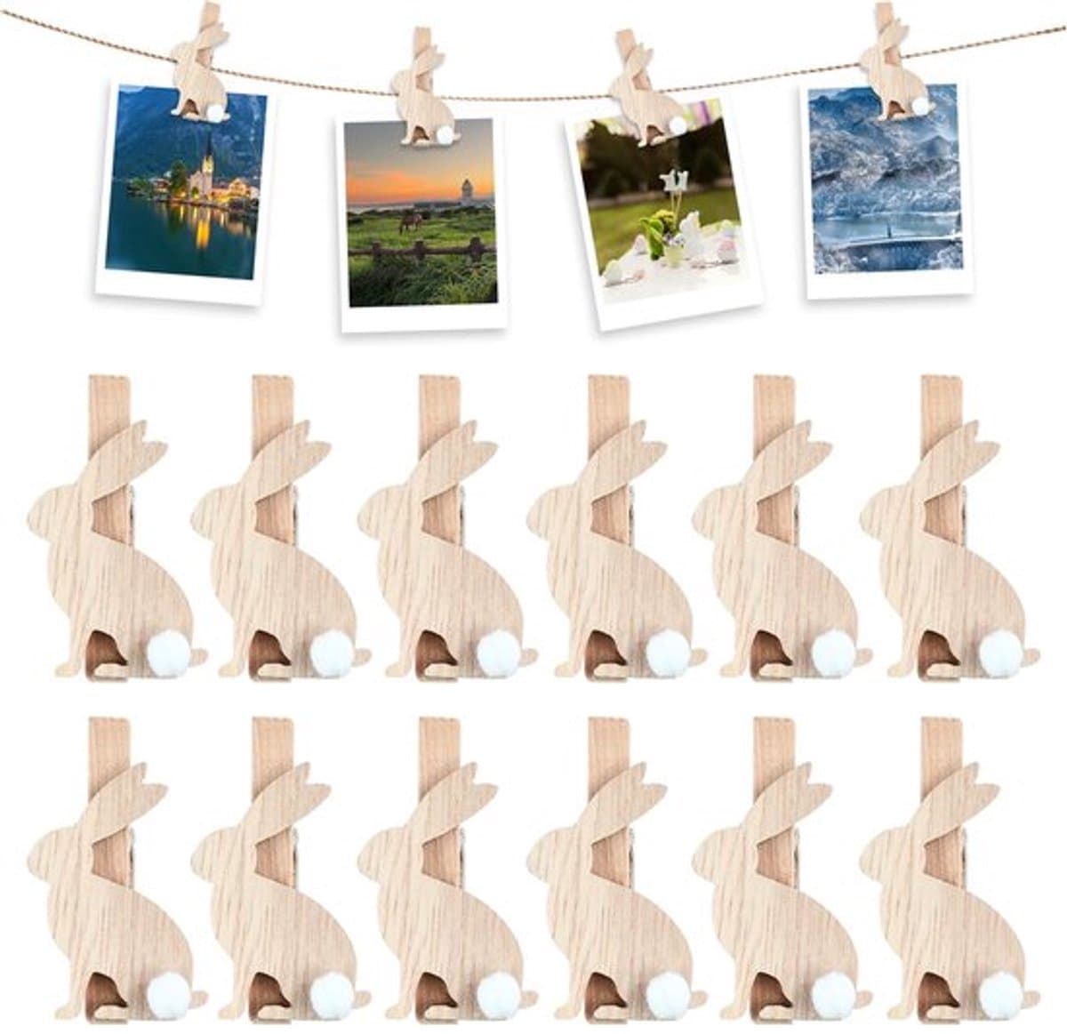 Wasknijpers Hout 12 Stuks - Mini Wasknijpers - Decoratieve Paasklemmen - Houten Hazenclips - Robuuste Constructie - Perfect voor Woondecoratie - Decoratieve Clips — afbeelding 1