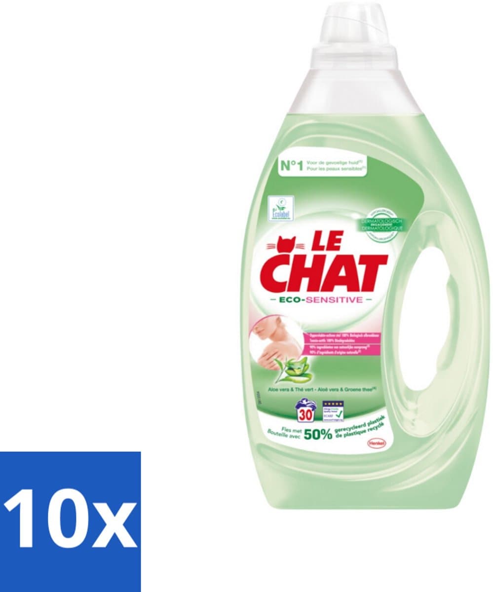 10 x Le Chat Eco-Sensitive - Vloeibaar Wasmiddel - Witte en Gekleurde Was - Aloë Vera & Groene Thee - 30 Wasbeurten - Eco-gevoelig Wasmiddel - Gevoelige Huid - Wasmiddel Gel - Duurzame Was - Wasmiddel Voor Gekleurde Was — afbeelding 1