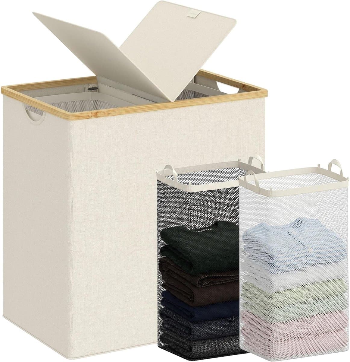 Dubbele Wasmand met Deksel en 2 Afneembare Vakken, 140 L, Ideaal voor Badkamer, Slaapkamer en Wasruimte, Beige — afbeelding 1
