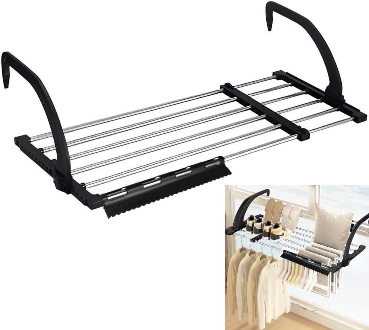 Waslijn uittrekbaar - Roestvrij staal - 62-110 cm - Inklapbaar balkonwasrek met clips - Voor binnen en buiten — afbeelding 1