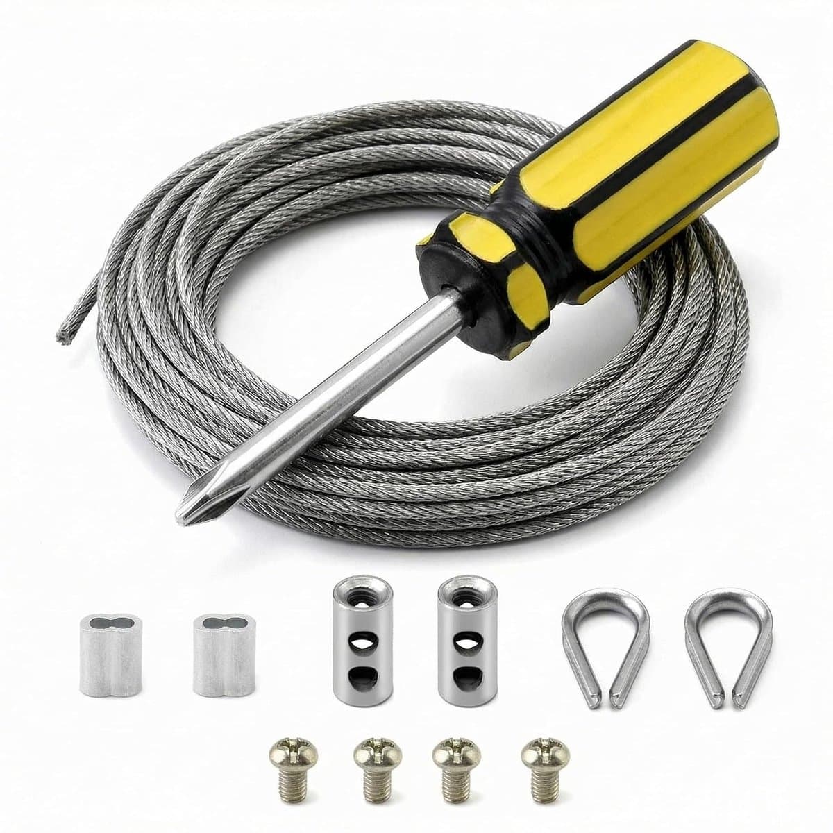 SnelShoppen - RVS Staal Kabelset 6m/2mm, Stalen Kabel met M2 Krimpogen en Bevestigingsmaterialen voor Tentlijnen, Kledinglijnen, Tuin en Camping — afbeelding 1