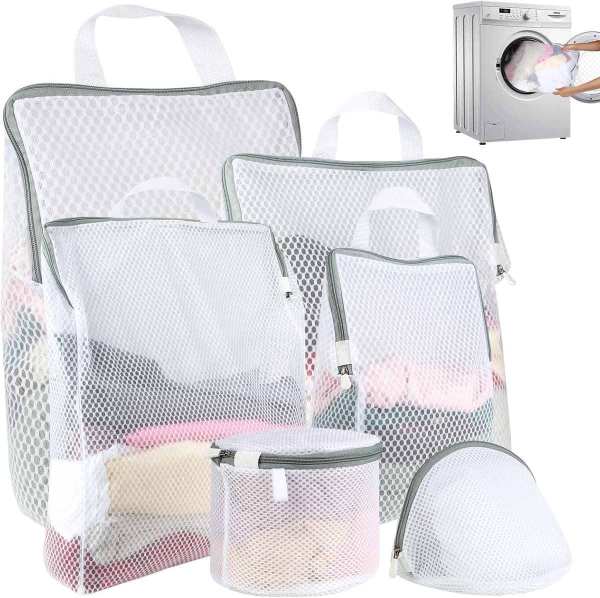 6 stuks wasnet, 50 x 60 cm, 40 x 50 cm, met ritssluiting en handgrepen | Waszak voor de wasmachine, 5 maten, vervorming en vouwen van kleding om waszakken te voorkomen, voor jassen — afbeelding 1