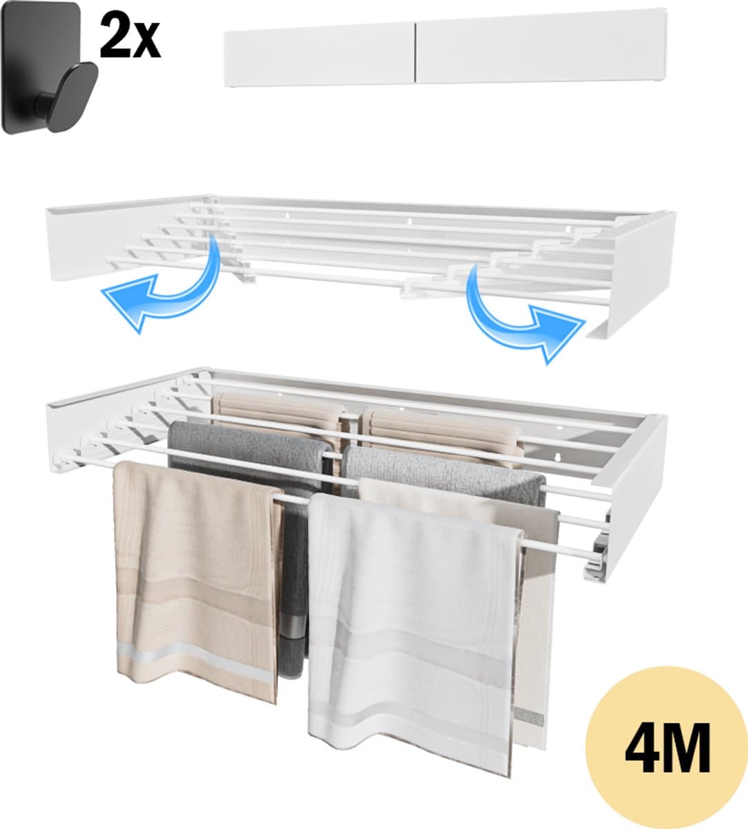 PLAY IT Wanddroogrek 80cm Inklapbaar Wit - 4 Meter Drooglengte - Wasrek/Droogrek Hangend + 2 Handdoek Haakjes — afbeelding 1