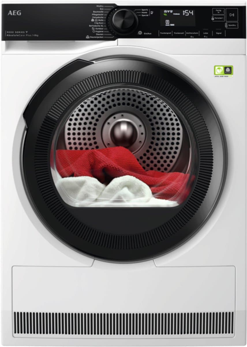 AEG Series 9000 TR9W75780, Vrijstaand, Voorlader, Warmtepomp, Wit, Draaiknop, Touch, Rechts — afbeelding 1