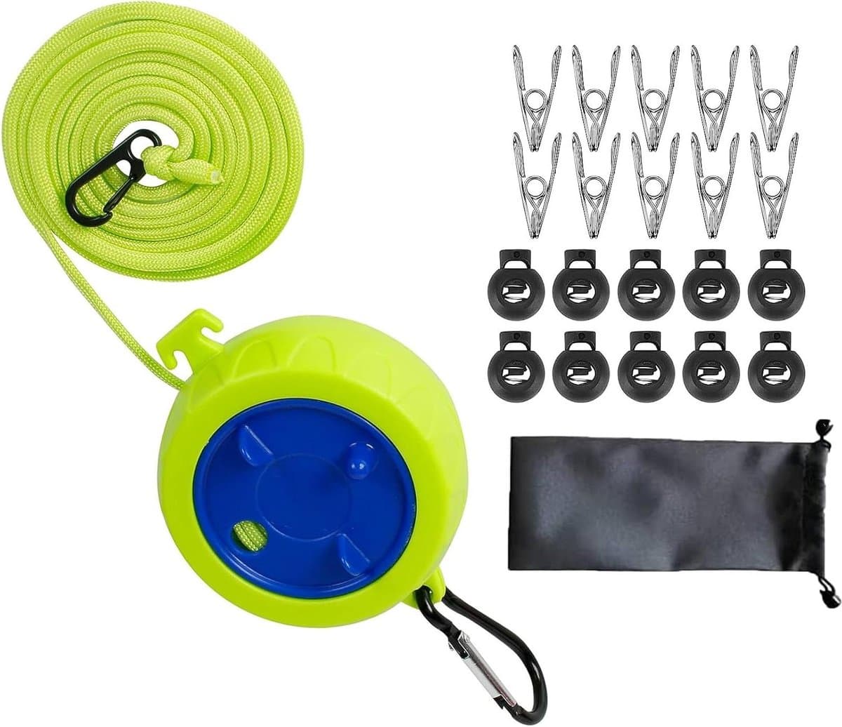 Retractable Portable Anti-Wrap Travel Clothesline - 10m, Adjustable Camping Clothesline with 10 Fixed Buckles and 20 Clothespins (with Storage Bag) — afbeelding 1