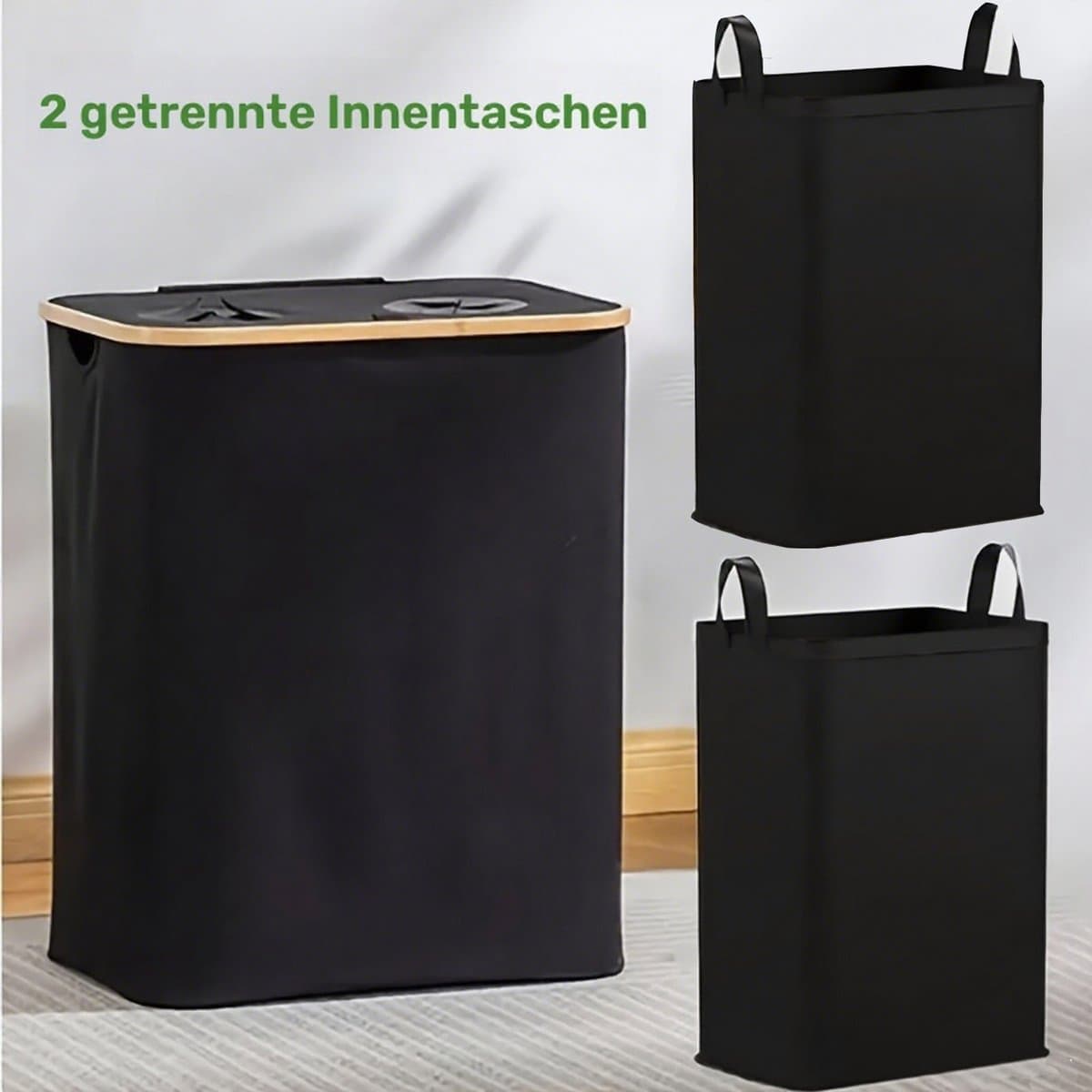 Wasmand met 2 uitneembare zakken- Wassorteerder - 140L - Met 2 gaten voor het sorteren van kleding - wasmand - Zwart — afbeelding 1
