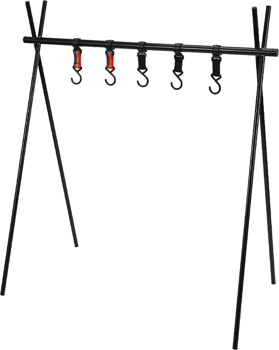Stevige, ruimtebesparend opvouwbare kledingrek - Opvouwbaar verticaal droogrek - Wasdroogrek - Droogrek voor buitenkleding - Picknickrek voor kookgerei - Statief van 1,20 m - Opvouwbaar, robuust aluminium opbergrek met haken - Geschikt voor kamperen — afbeelding 1