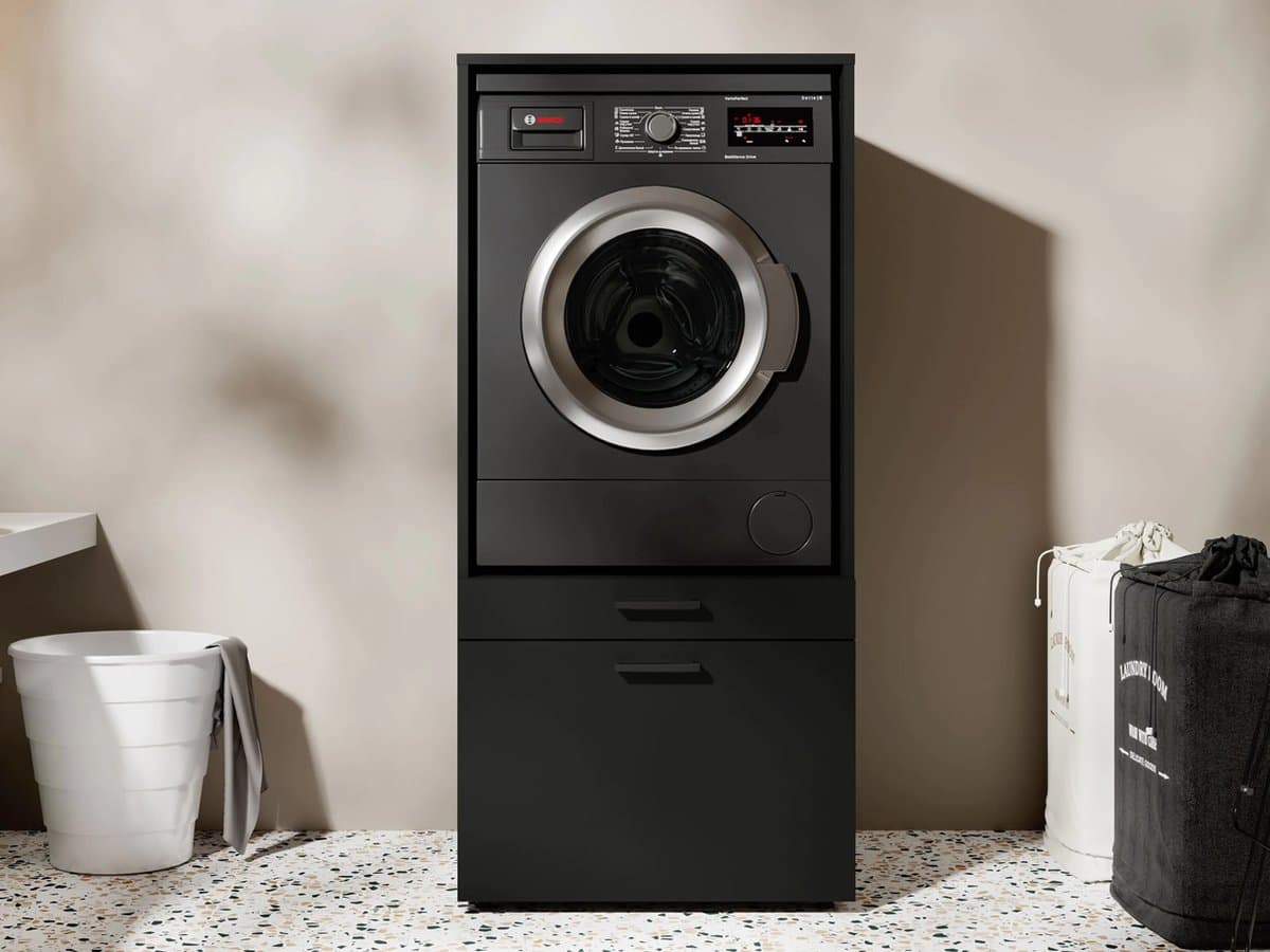 MOBISTOXX Wasmachine Kast - Wasmachine Verhoger - Wasmachine Ombouw - 67 cm x 65 cm x 144 cm (B x D x H) - Met Lade Voor Wasmand - Voor Wasmachine en Droogkast - Zwart — afbeelding 1
