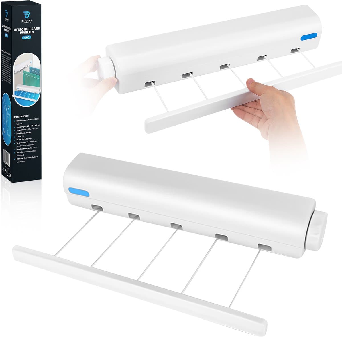 DHOENT PRODUCTS ® Uitschuifbare Waslijn – Telescopische Waslijn – Automatische Inklapbare Kledinglijn – Uittrekbare Drooglijn – Badkamer & Balkon – Ruimtebesparend – Wit – Inclusief Montage Set — afbeelding 1