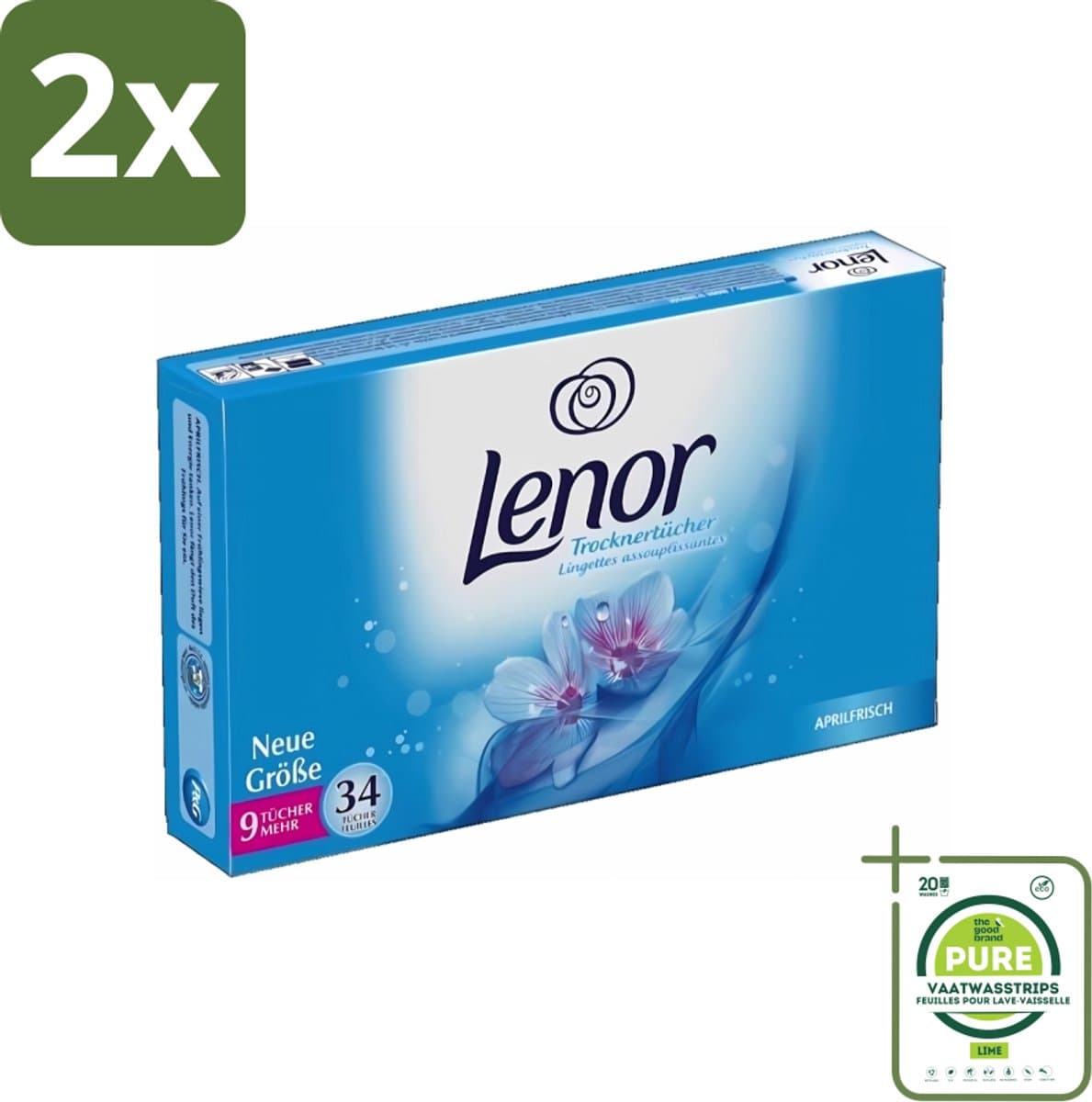 Lenor - Droogtrommeldoekjes - Aprilfris - Textielverfrisser - 34 Doekjes - Voordeelverpakking - 2 stuks - Lenor Droogtrommeldoekjes - Wasverfrissers — afbeelding 1