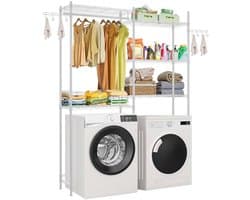 Opbergrek voor wasmachine en droger - Overzetrek - Met 5 Lagen - Kledingstang en Haken - Verstelbare Planken - Vrijstaand - Wit