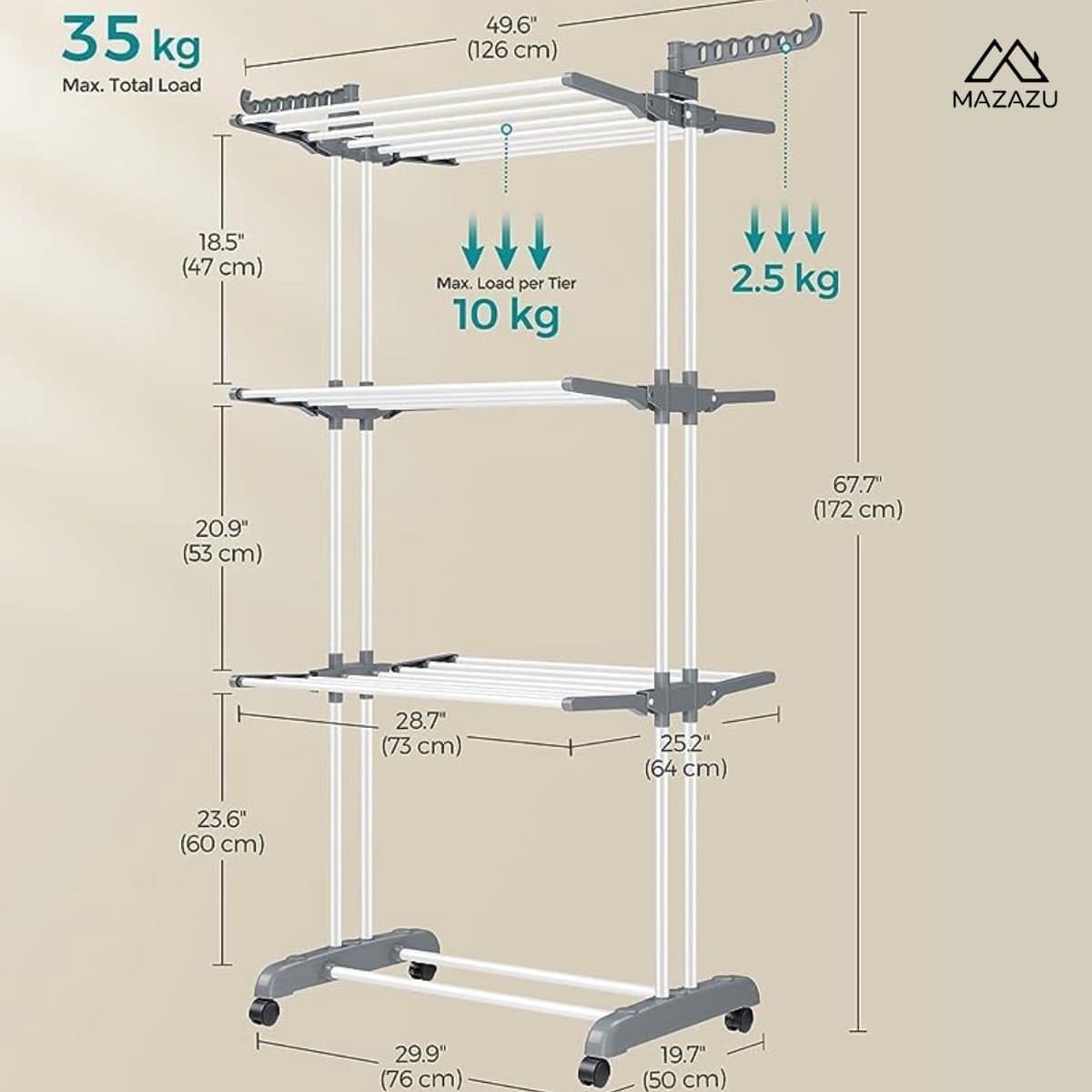 MIRA Home - Wasrek - Droogrek - Staand droogrek inklapbaar - Droogtoren met wieltjes - 50x76x172 — afbeelding 1