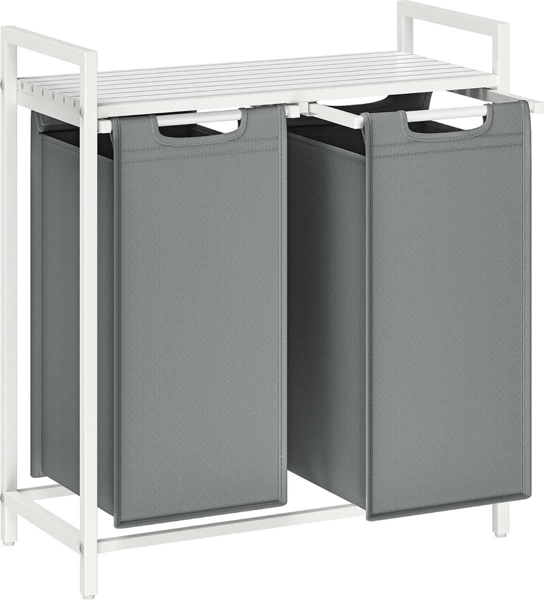 Wasmand, vuile wasmand, 2 vakken, 2 uitneembare Oxford stoffen zakken, plank, metalen frame, 2 x 46 l, 73 x 33 x 72 cm, wit en lichtgrijs — afbeelding 1