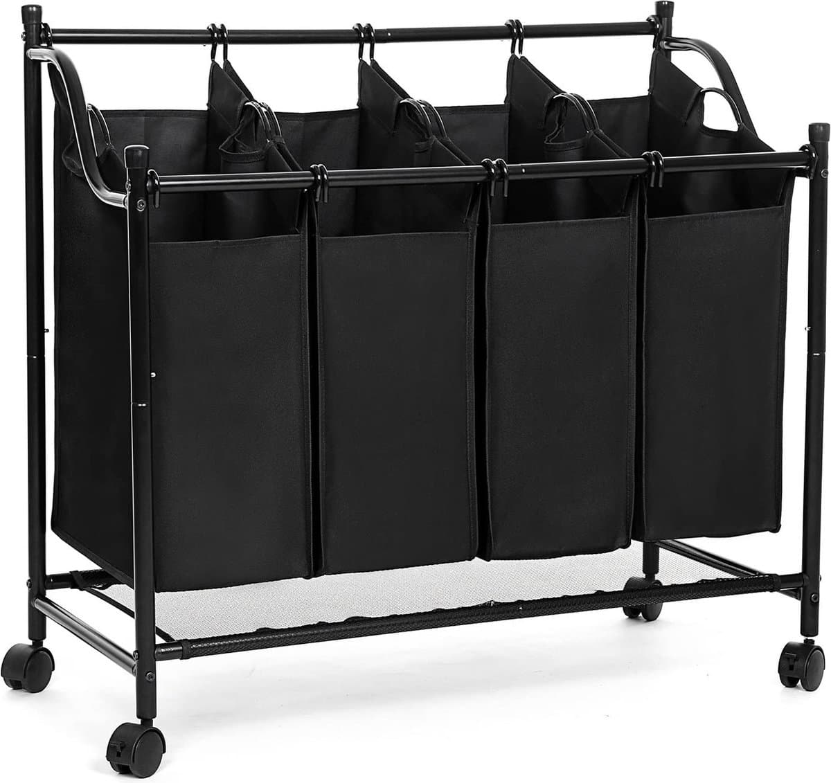 Wasmand met 4 vakken, wassorteerder, wasverzamelaar, met wielen, afneembare zakken, speelgoedopslag, 4 x 35 liter, zwart LSF005 — afbeelding 1