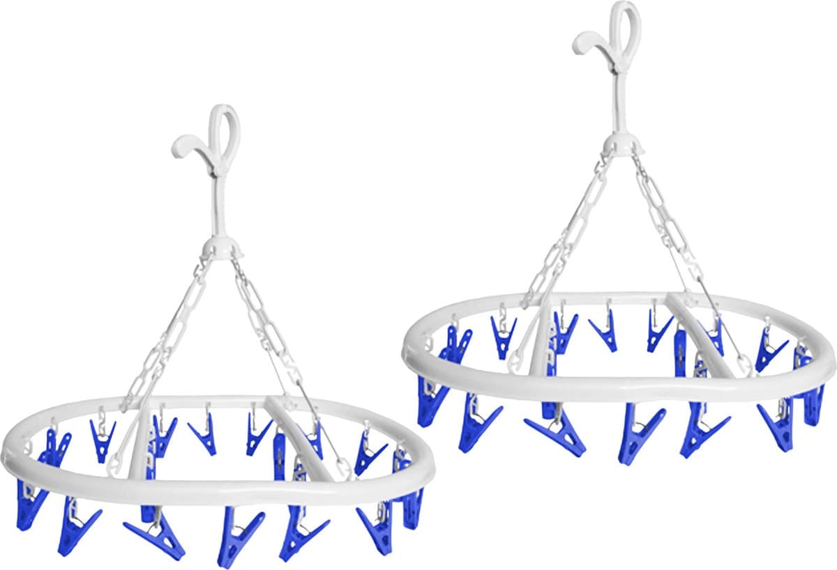 CM Wasgoed droogcarrousel/droogmolen - 2x - 20 clips/knijpers - wit/blauw - kunststof - 29 x 42 cm — afbeelding 1