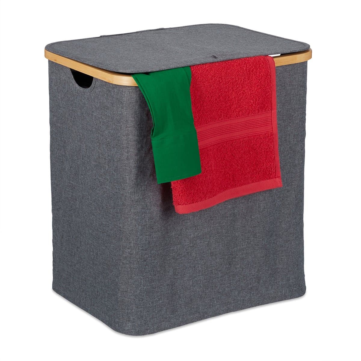 wasbox met deksel - 80 l - bamboe - polyester - ademende waszak - badkamer — afbeelding 1