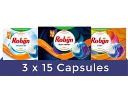 Robijn Color Black Velvet en Stralend Wit 3-in-1 Wascapsules Pakket - 3 x 15 wasbeurten - Voordeelverpakking