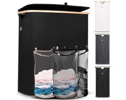 Hennez Wasmand Opbergmand 150L 3 compartimenten met deksel - Waszak Wasbaar - Rechthoekige Bamboe Wasmand met Frame